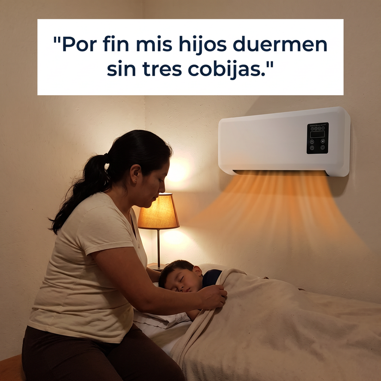 Mamá arropando a su hijo con Calientito en la pared